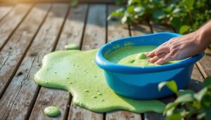 Utiliser un seau pour l'entretien et le nettoyage de la terrasse contre la mousse extérieure