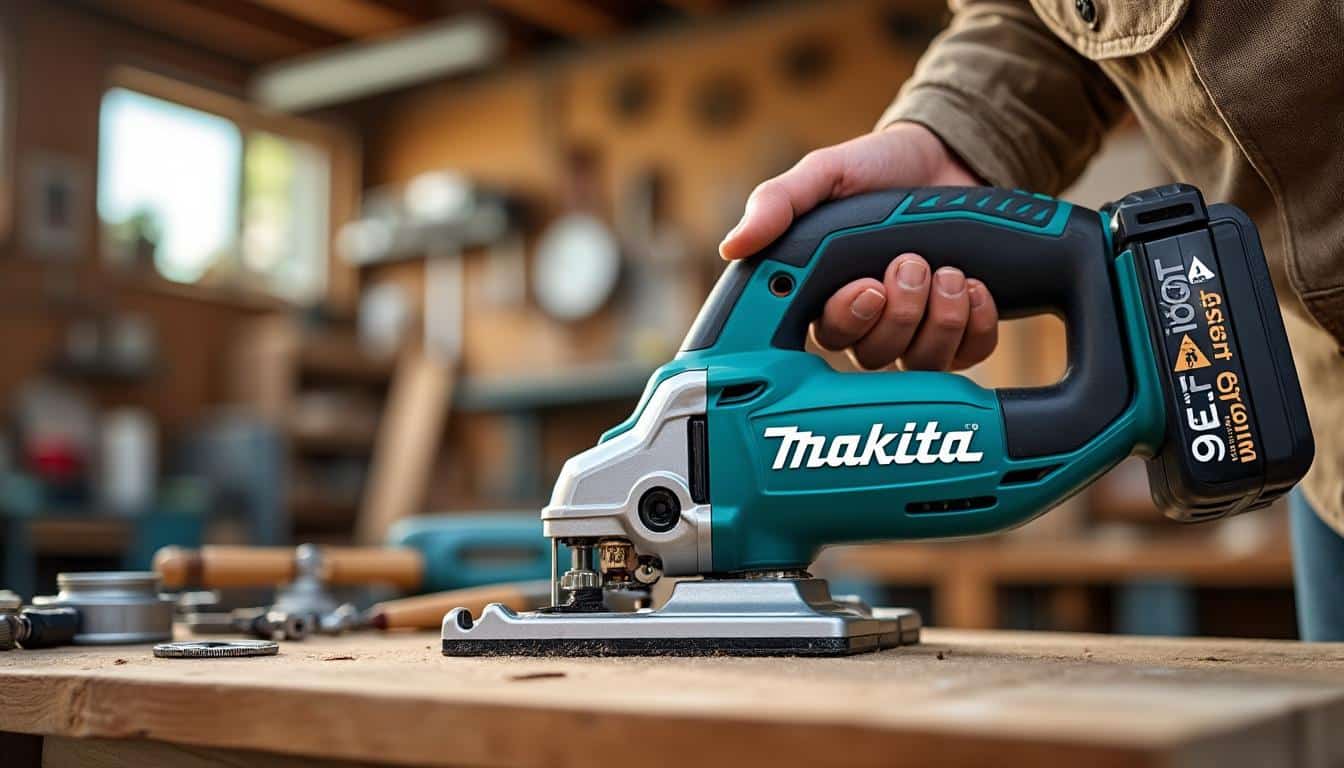 Illustration: Zoom sur les caractéristiques techniques de la scie sauteuse sans fil Makita 18V