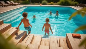 Escalier en bois pour piscine : charme naturel et sécurité optimale