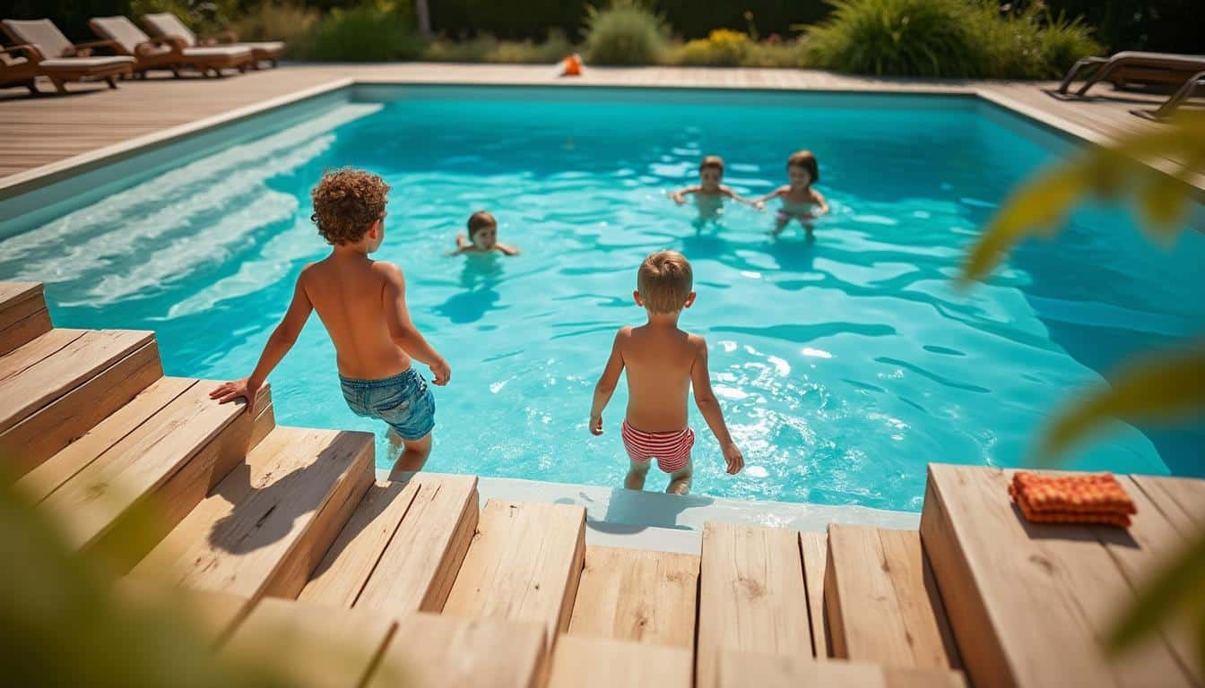 Escalier en bois pour piscine : charme naturel et sécurité optimale